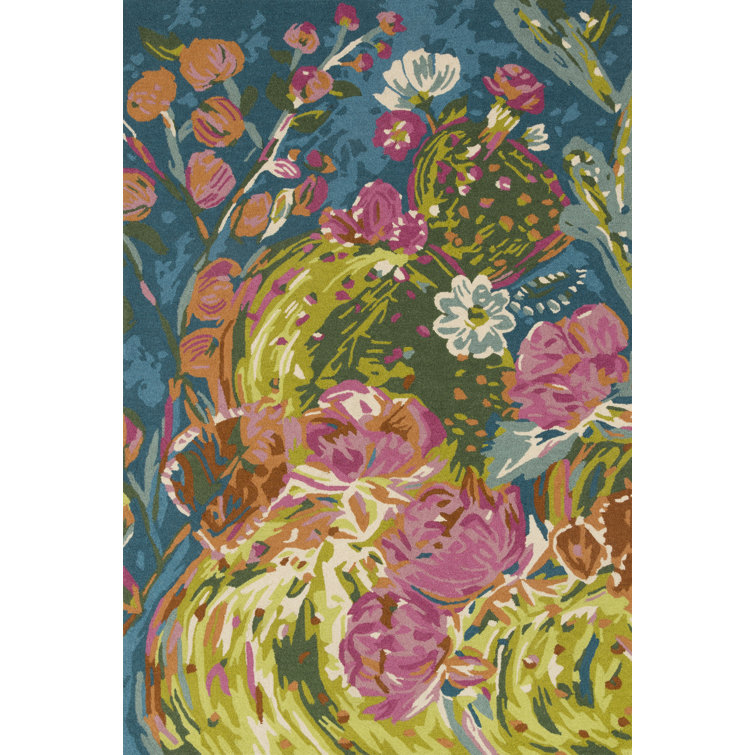 Latitude Run® Square Effiom Floral Handmade Looped/Hooked Wool